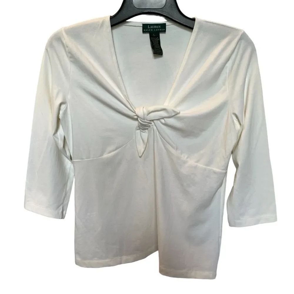 Lauren Women's 3/4 Sleeve V neck with twist Blouse White Size Large